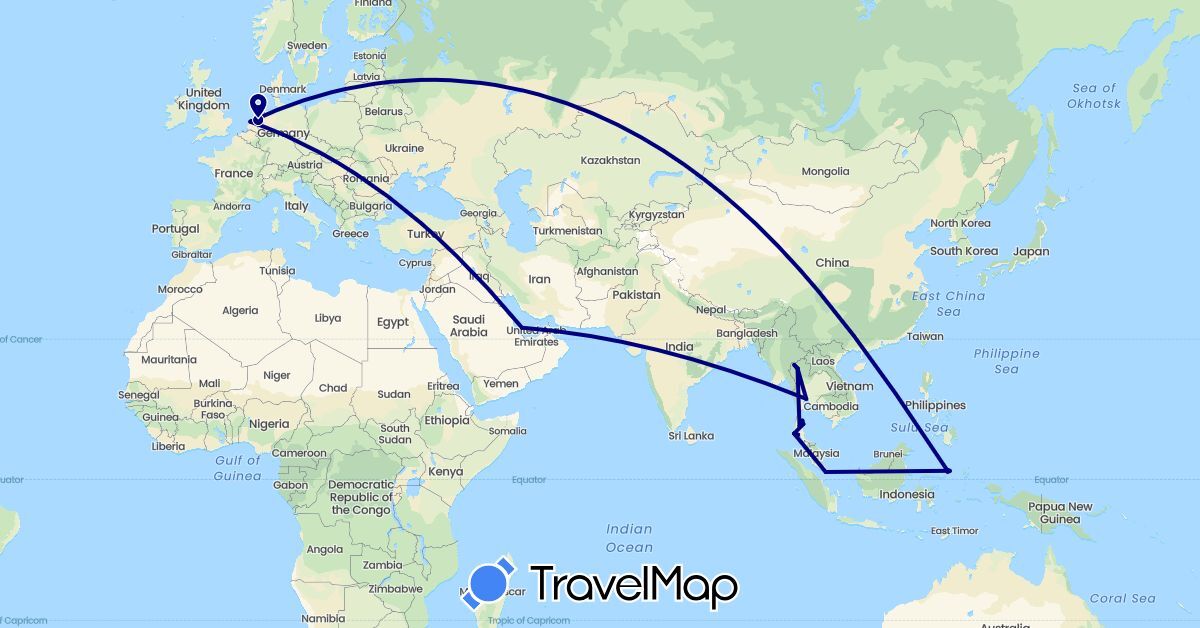 TravelMap itinerary: driving in Indonesia, Netherlands, Qatar, Singapore, Thailand (Asia, Europe)